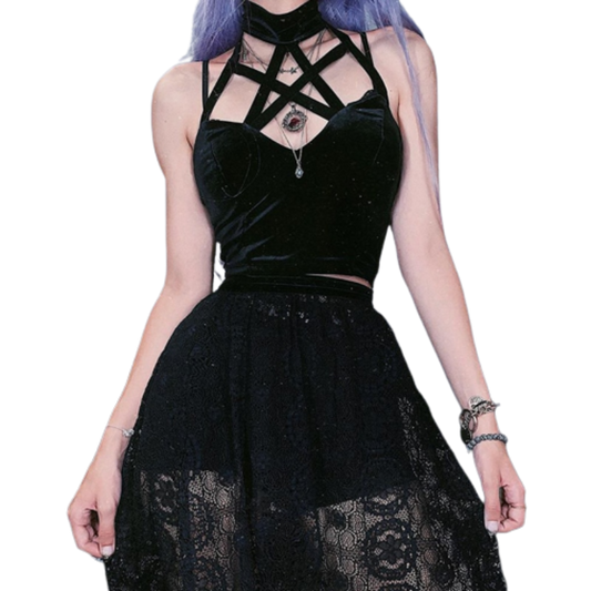 Gothic Cross Print Lace Bodycon Crop Tops Embrace Y2K Aesthetic and Summer Style