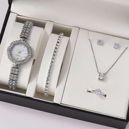 6PCS Gift Set Luxury Watch Ring Necklace Earrings for Women