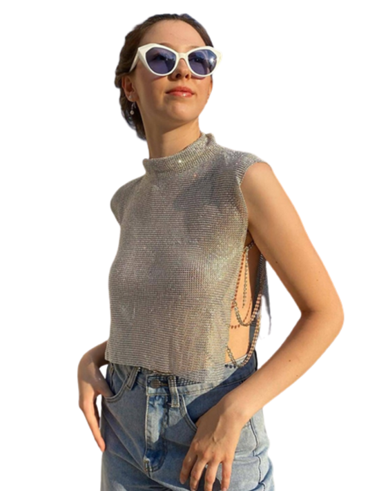 Sexy Rhinestone Glitter Turtleneck T-Shirt Women Backless Party Crop Top Adjustable Metal Chain