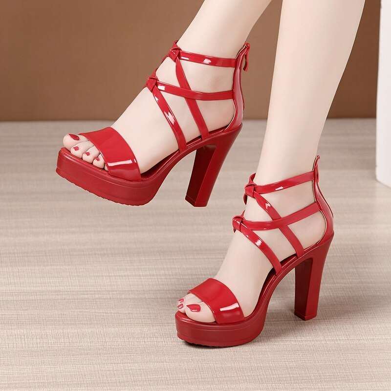 Big Size 34-43 Block Heel Platform Sandals Women's Wedding Shoes 2023 Summer High Heels Gladiator Sandals Patent Leather