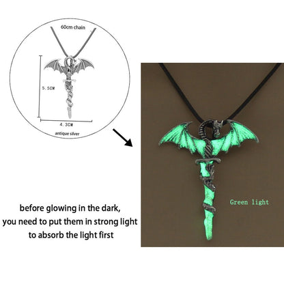 Luminous Dragon Necklace Glowing Night Fluorescence Antique Harajuku Style Silver Plated Glow In The Dark Necklace for Men Women Party Hallowen