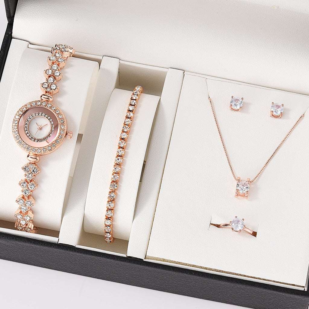 6PCS Gift Set Luxury Watch Ring Necklace Earrings for Women