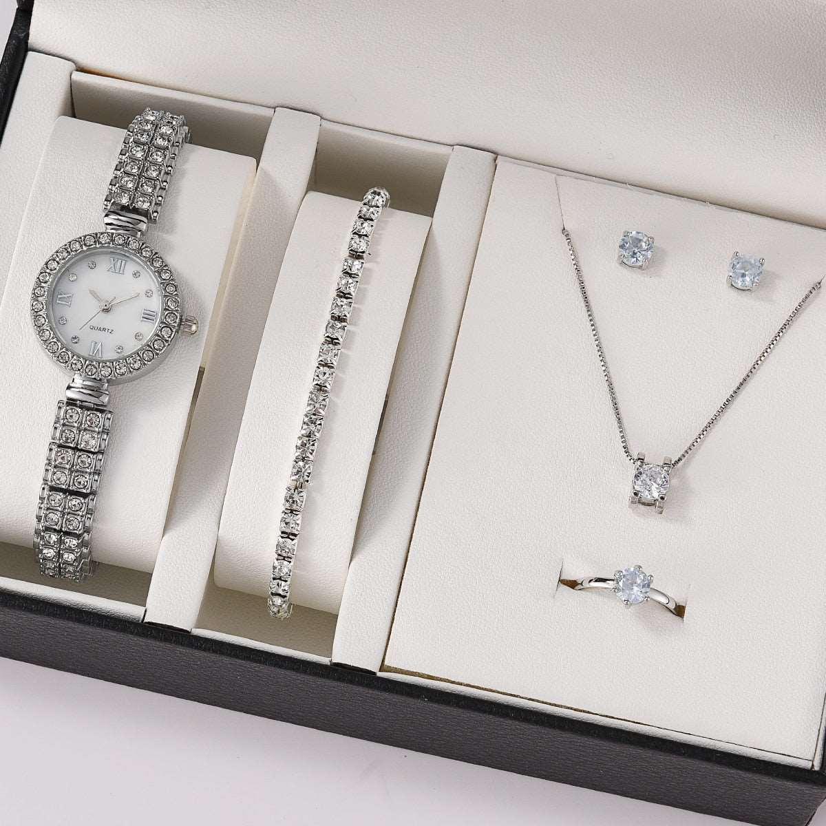 6PCS Gift Set Luxury Watch Ring Necklace Earrings for Women