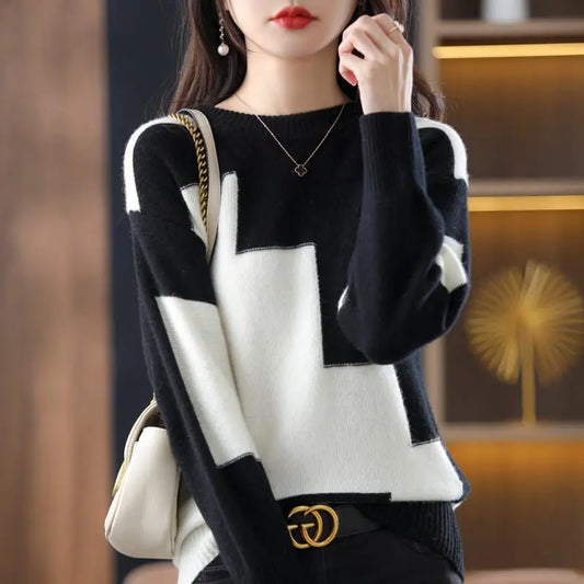 New Loose Color Blocking Striped Sweaters for Autumn Winter Classic Office Style Knitted with O-Neck Collar and Long Sleeves to Keep You Warm