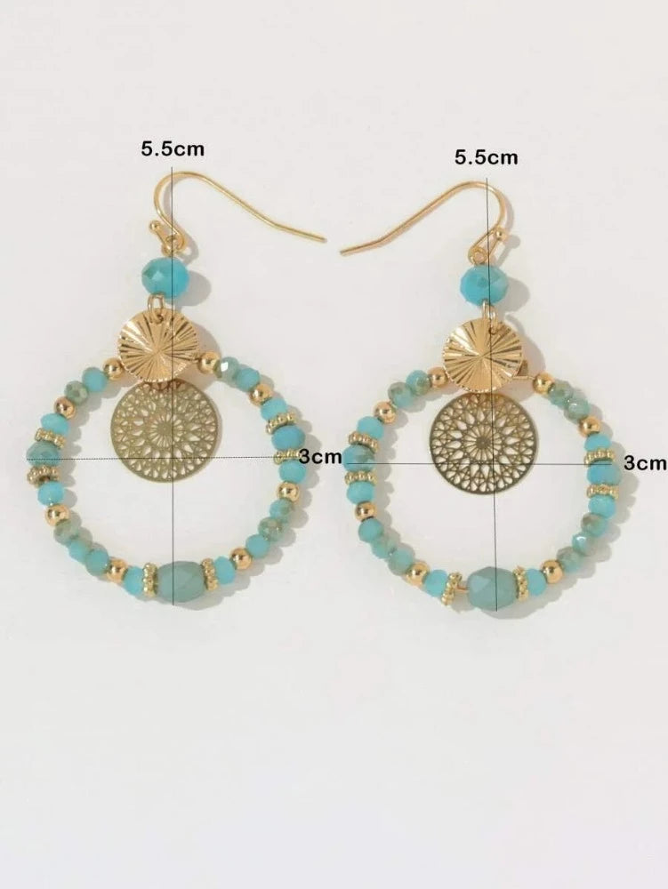 Beaded Round Drop Earrings for Women Crystal Mixed Round Circle Earrings Hollow Cutout Dangle Earrings