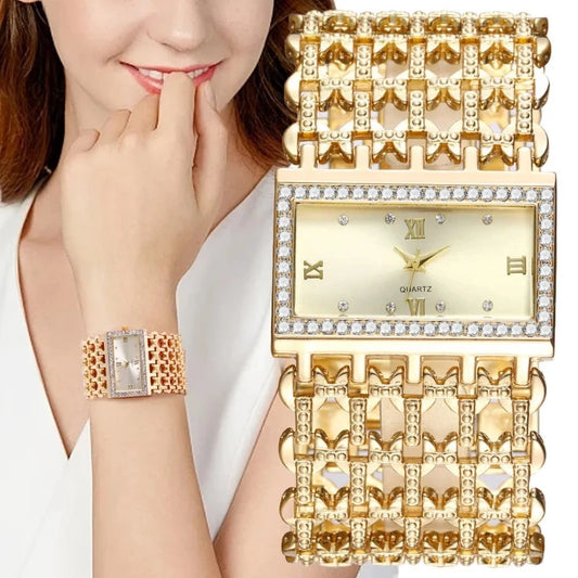 2024 New Watch For Women Fashion Light luxury Square Diamond Quartz Watches Clock Lady's Gold Stainless Steel Bracelet