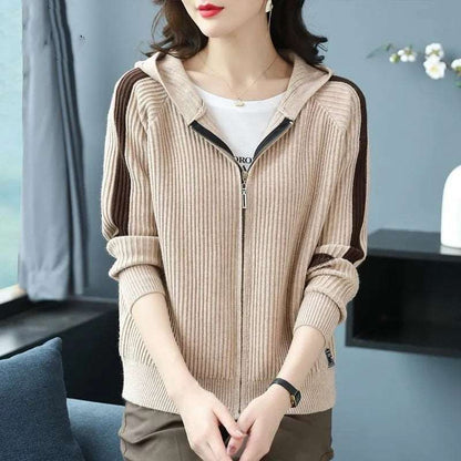 Women's Loose Korean Long Sleeve Hooded Knitted Cardigan Jacket Thick Zipper Sweater Hoodie Coat