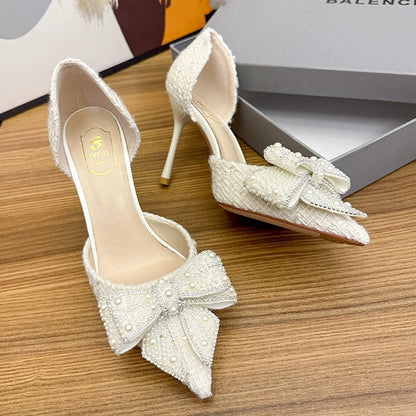 Luxury Pearl Crystal Bowtie White Wedding Shoes Women 2024 Spring Brand Designer High Heels Pumps Woman Thin Heeled Party Shoes