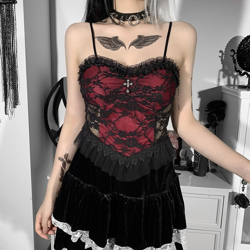 Gothic Cross Print Lace Bodycon Crop Tops Embrace Y2K Aesthetic and Summer Style with Sexy Black and Red Camis for Women and Girls