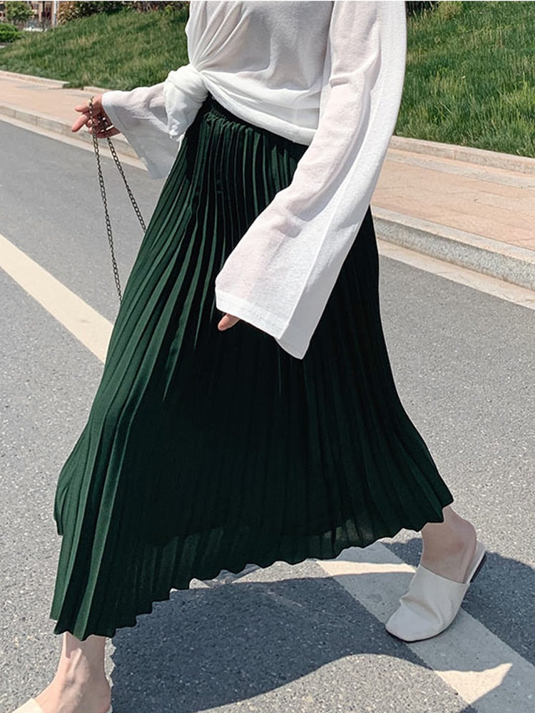 Womens Fashion Pleated Midi Long Skirt Female Korean Japanese Casual High Waist Skirts Jupe Faldas 10 Colors 2023 Spring SK295