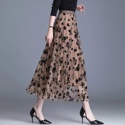 Elegant Mid-length All-match High-waist Slimming Flocking Floral Mesh Long Gauze Skirts Women  Autumn Winter High Waisted