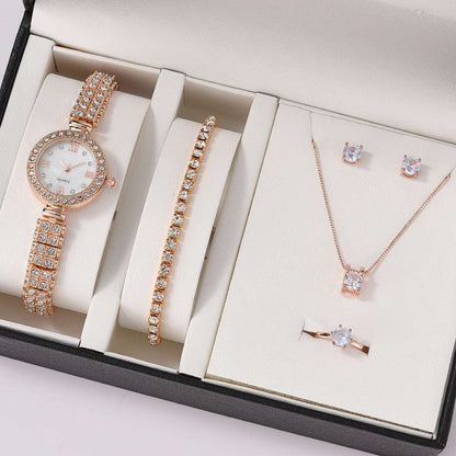 6PCS Gift Set Luxury Watch Ring Necklace Earrings for Women