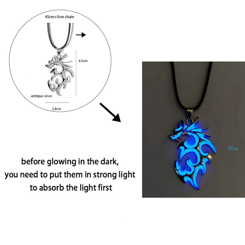 Luminous Dragon Necklace Glowing Night Fluorescence Antique Harajuku Style Silver Plated Glow In The Dark Necklace for Men Women Party Hallowen