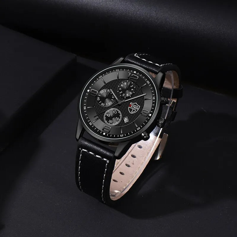 3PCS Set Fashion Mens Calendar Watches Luxury Men Business Black Stainless Steel Quartz Watch Male Necklace Bracelet Wristwatch