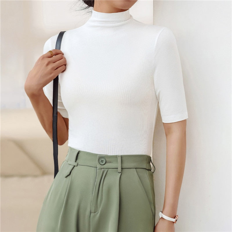 High Street Women's Blouse  Half Turtleneck Short Sleeve Slim T-Shirt in Milk Silk - Solid Color Basic Trend Bottoming Shirt for Women