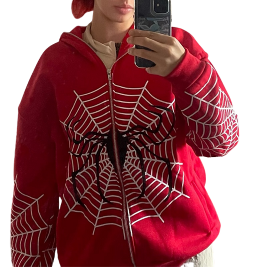 Spider Web Red Graphic Hoodies Y2K Zip Up Hoodie for Men and Women Warm Vintage Grunge Men's Clothing Harajuku Sweatshirt Tops