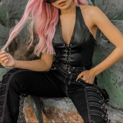 Crop Top Women Sexy Patent Bandage Vest Leather Strappy Corset Top Black Fashion Gothic Tank Top Party Club Female Clothing