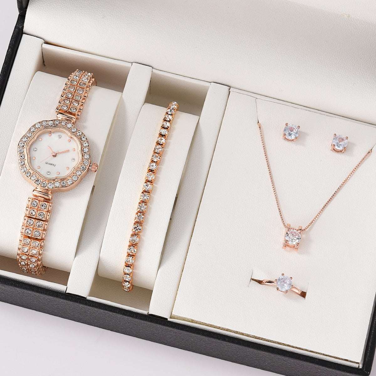 6PCS Gift Set Luxury Watch Ring Necklace Earrings for Women