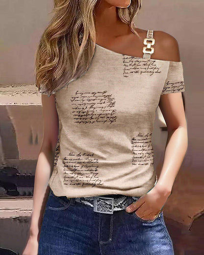 Metal Buckle Oblique Collar Casual Short-Sleeved Printed T-Shirt Top Clothes