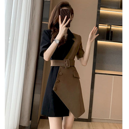 Summer Fashion Short Sleeve Blazer Dresses Women 2023 New French Suit Dress Womens Niche Design Mini Skirts Splicing Belt Dress