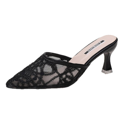 High Heels Sandals Woman Mesh Summer Shoes Women Pumps Pointed Toe Ankle Buckle Strap Ethnic Embroidery Flower Handmade