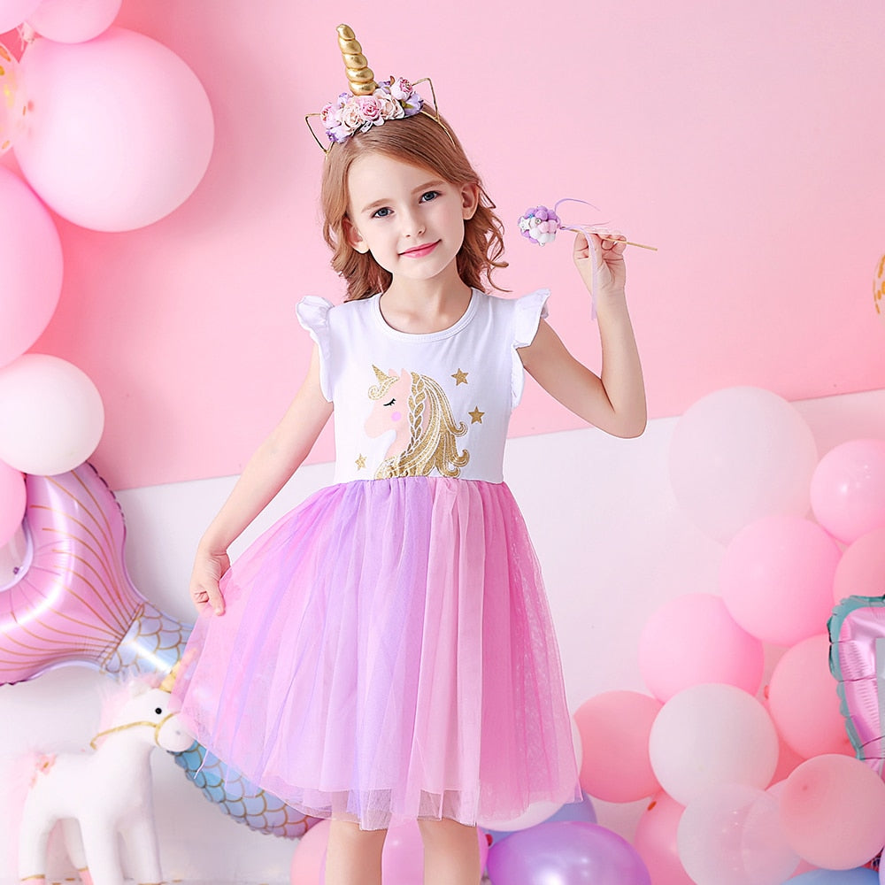 Girls Clothes for Summer Princess Dresses Kids Flare Sleeve Unicorn Print Dress Girls Party Dresses