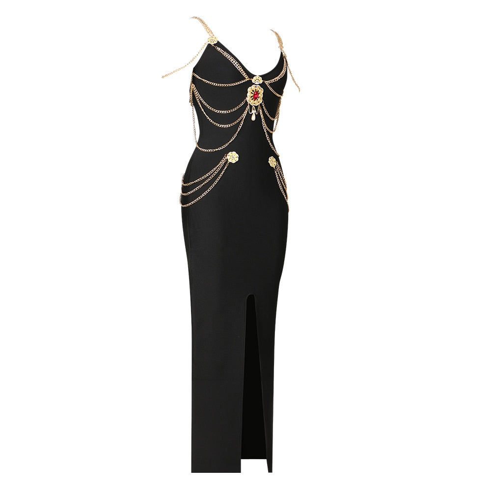 Beading Bandages Dress New Women Sexy Chain Spaghetti Strap Clothes Club Party Long Dresses