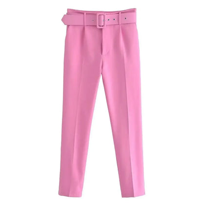 2005 New Spring Fall Solid Color High-waisted Straight Career Commuter  Pants Women's, Multi-color Casual Female Pants with Belt