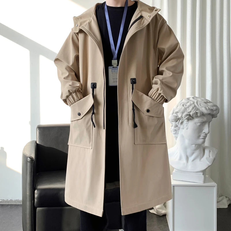 Streetwear Spring Autumn Hooded Trench Coats Men Fashion Windbreaker Long Men's Jacket