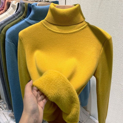 New Elegant Thicken Velvet Lined Turtleneck Winter Sweater for Women - Warm Sueter Knitted Pullover, Slim Tops, and Jersey Knitwear Jumper.