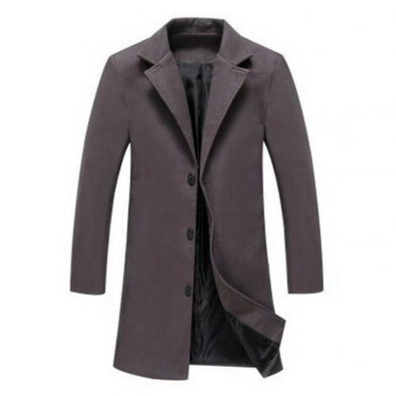 Autumn Winter Men's Fashion Solid Color Single-Breasted Lapel Long Woollen Coat Jacket