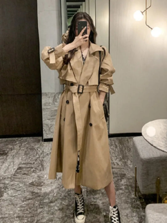 Winter Women's Clothes Solid Lapels, Double-Row Buttons, Long Windbreaker Work Jacket Trench Coat Tops and Overcoat for Women