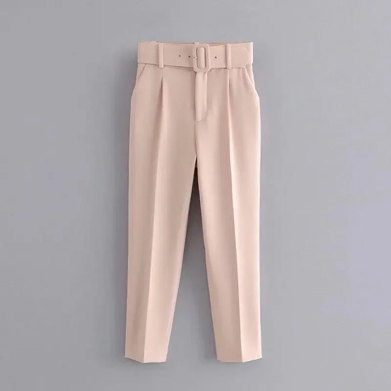 2005 New Spring Fall Solid Color High-waisted Straight Career Commuter  Pants Women's, Multi-color Casual Female Pants with Belt