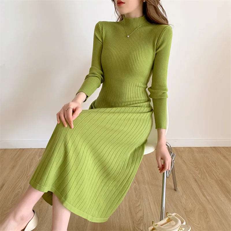 Autumn Winter Slim Long Sleeve Party Midi Dress for Women Knitted Half High Collar Elegant Knitted Sweater Dresses Ladies