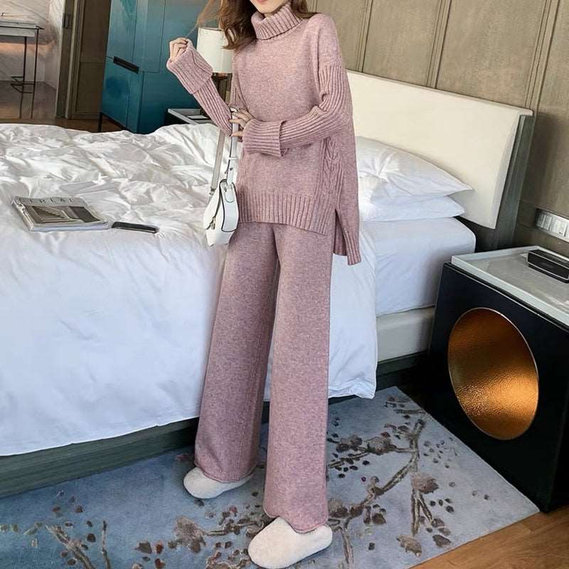 Autumn Winter 2-Piece Women's Knitted Tracksuit - New Turtleneck Sweater and Wide Leg Jogging Pant Pullover Set