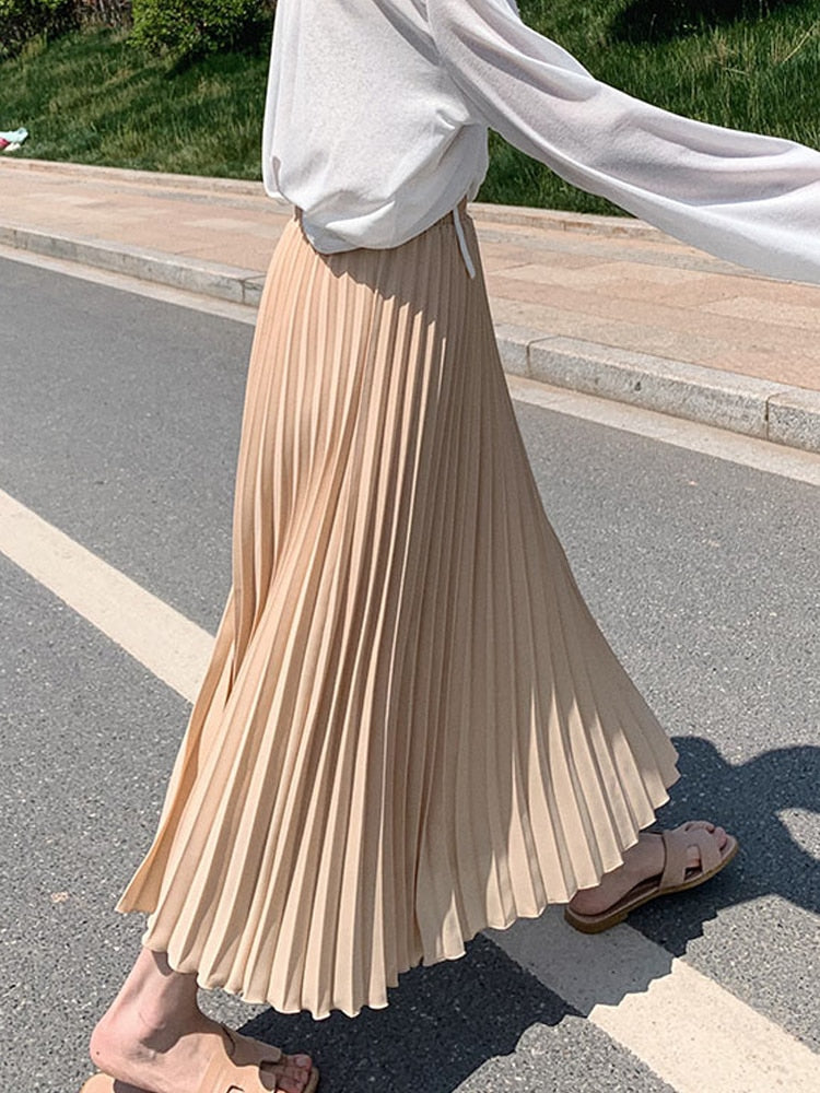 Womens Fashion Pleated Midi Long Skirt Female Korean Japanese Casual High Waist Skirts Jupe Faldas 10 Colors 2023 Spring SK295