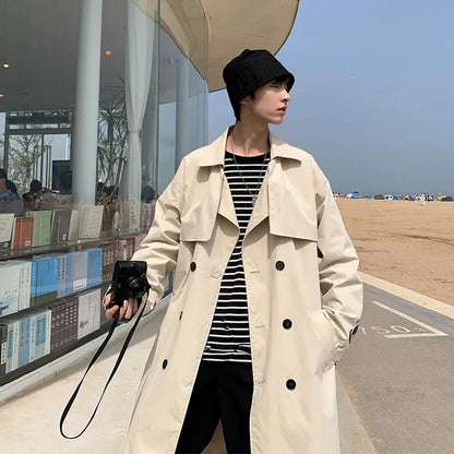 Streetwear Windbreaker Trenchcoat Men Solid Business Casual Loose Long Overcoat Korean style Spring Trench Coat Male