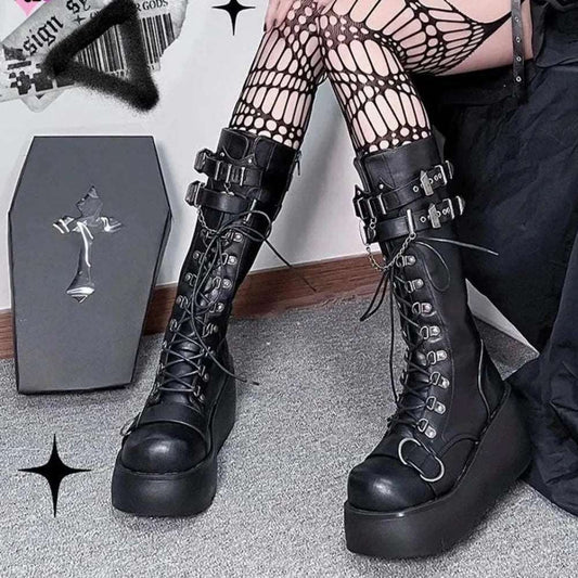 Autumn Gothic Halloween Mid Calf Boots Women Wedges High Heels Punk Street Platform Boots Female Cosplay Shoes For Woman