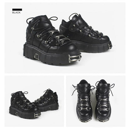 Harajuku Punk Style Women's Lace-up Heel Height 6CM Platform Shoes and Gothic Ankle Boots with Metal Decor Genuine Leather Shoes