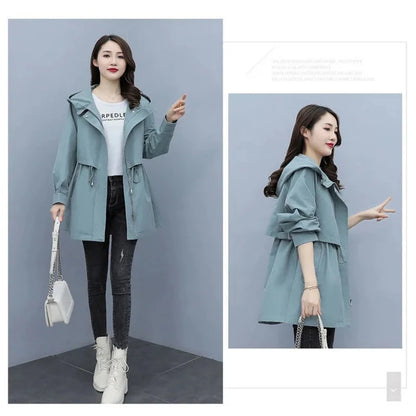 Spring and Autumn Women's Mid-length Trench Coat Hooded Zipper, British Style Loose Coats. Women's Clothing with Tie-In Jackets