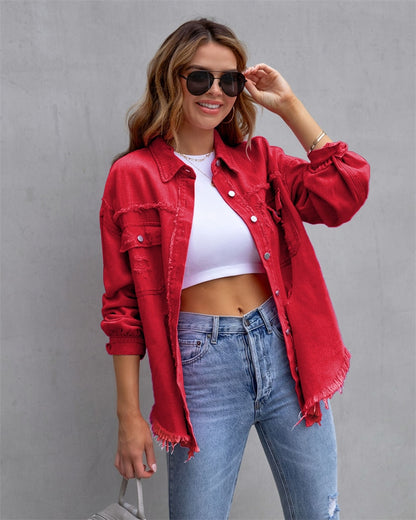 Holes Raw-edges Denim Jacket Women Spring Autumn Shirt Style Jeancoat Casual Top Rose-Red Orange Purple Outerwear Lady Coat