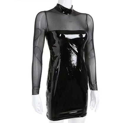  Sensational Women's Shiny Leather Sheath Bag Hip Dress with Transparent Mesh | Trendy Bodycon Style