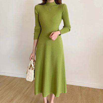 Autumn Winter Slim Long Sleeve Party Midi Dress for Women Knitted Half High Collar Elegant Knitted Sweater Dresses Ladies