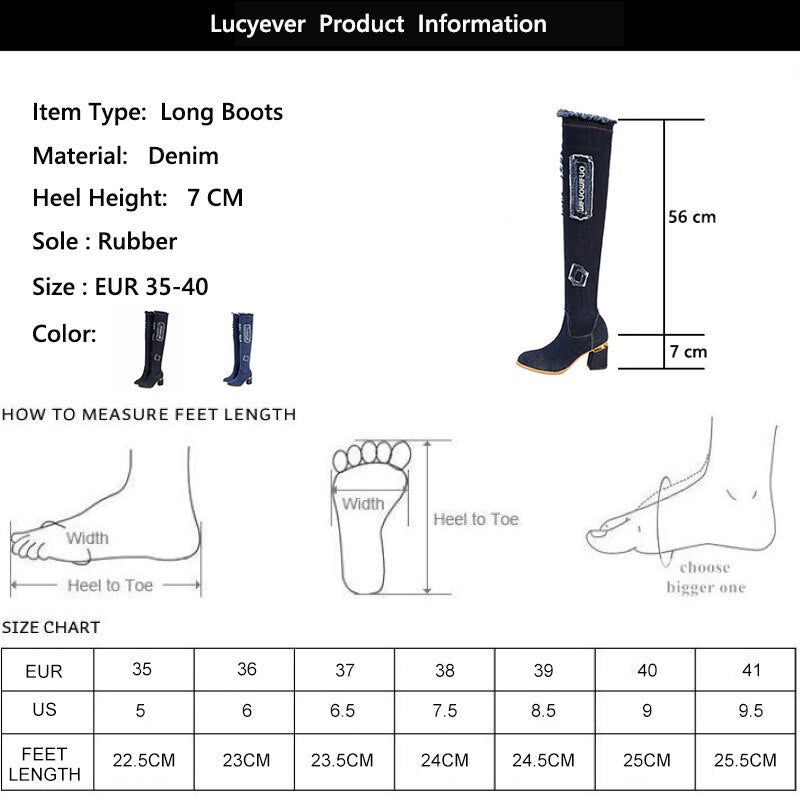 Womens Denim Boots Over The Knee Pointed Toe Thick High Heels Shoes Woman Casual Tassel Cut Out Jeans Long boot Botas Mujer