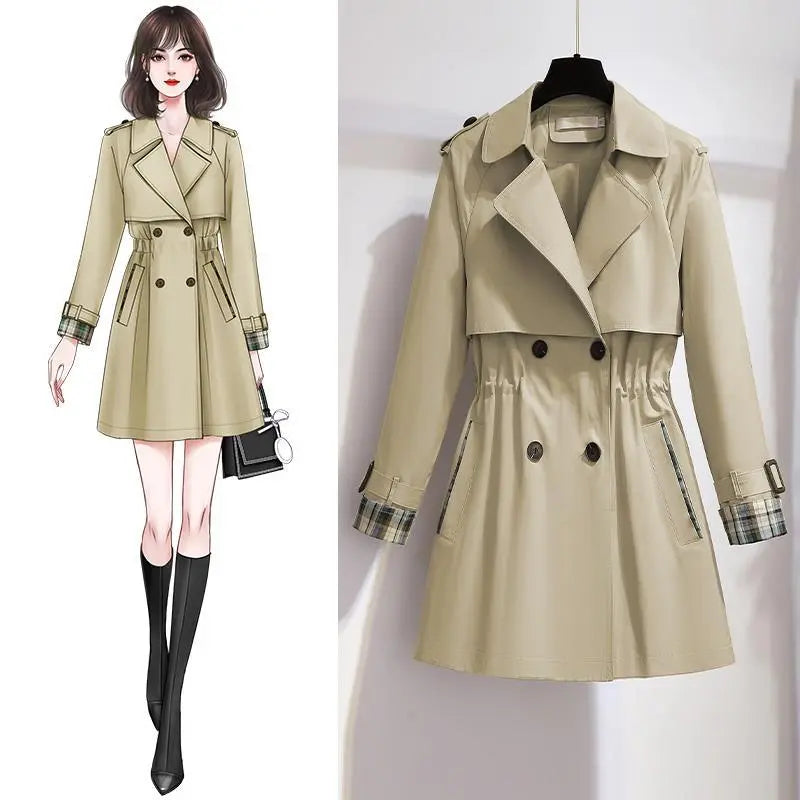 Spring and Autumn Fashion Women's Mid-length Trench Coat with Double-Breasted Design, Lining, and Drawstring Waist, Formal Jacket for Females