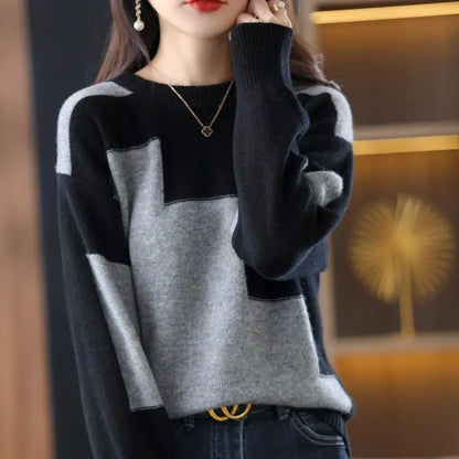 New Loose Color Blocking Striped Sweaters for Autumn Winter Classic Office Style Knitted with O-Neck Collar and Long Sleeves to Keep You Warm