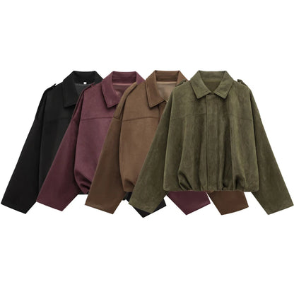 Women's Bomber Jacket Lapel Long Sleeve Zipper Suede Jacket Women 2025 High Street Cropped Racing Jackets Coats Outerwears
