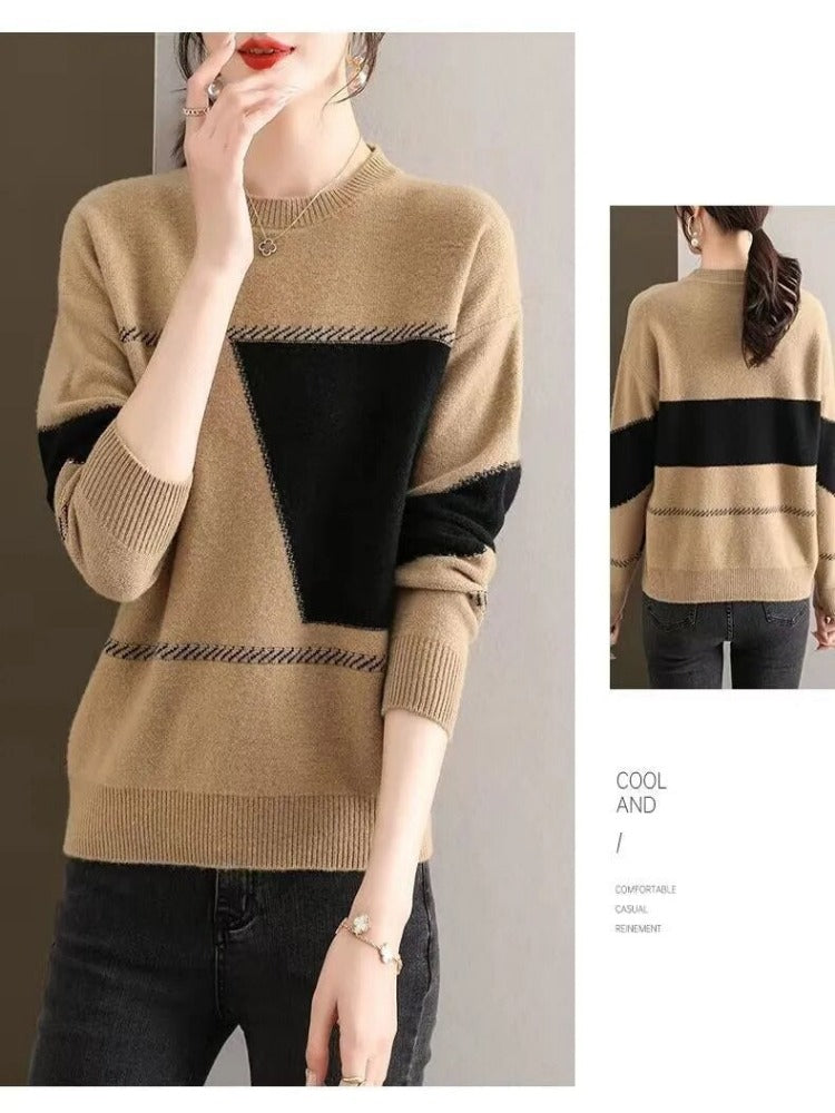 Korean Fashion O-Collar Neck Pullover Autumn Winter Knitting Sweater with Color Blocking, Plush & Thickened for an All-Match Bottoming Shirt Look