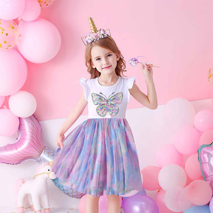 Girls Clothes for Summer Princess Dresses Kids Flare Sleeve Unicorn Print Dress Girls Party Dresses