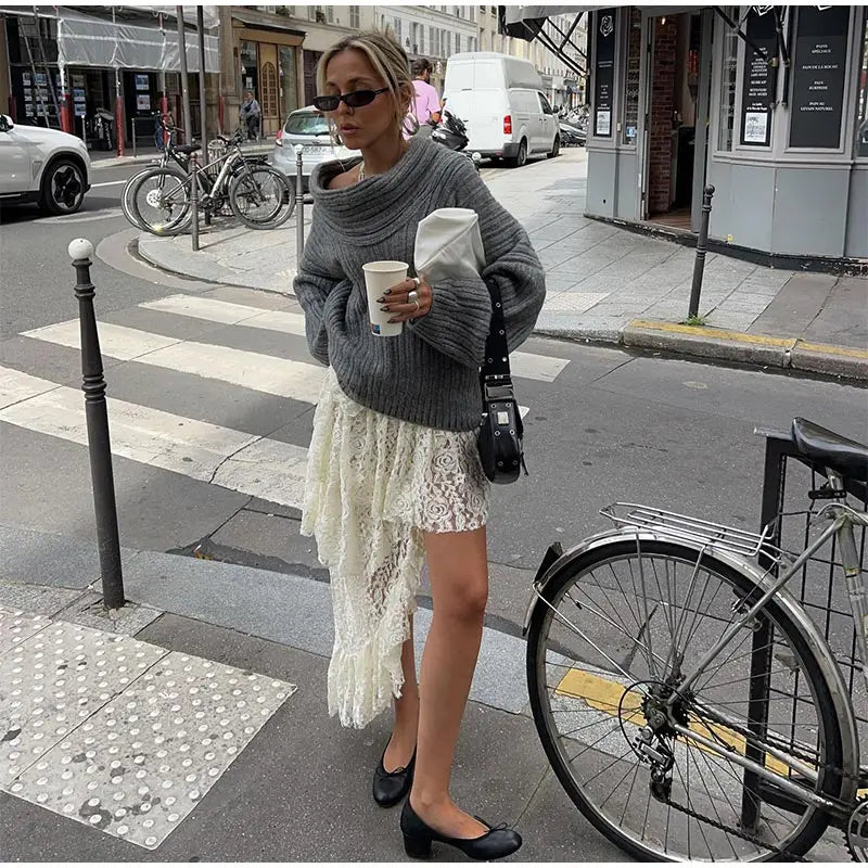 Elegant Solid Slash Neck Thick Knitted Tops Women Casual Long Sleeve Loose Warm Pullover Female Fashion High Street Sweater